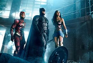 DC Batman, WonderWoman, and The Flash on Justice League movie scene