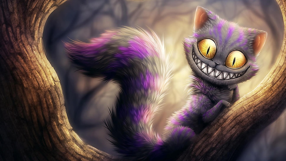 grey and purple Cheshire cat illustration, Alice in Wonderland, cat, Cheshire Cat, artwork HD wallpaper