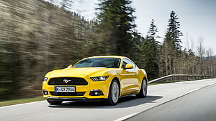 yellow Ford Mustang GT coupe, Ford Mustang, car, motion blur, road