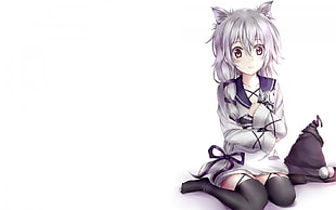 white-haired female anime character sitting