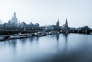 black and white building painting, water, city, Dresden, Germany