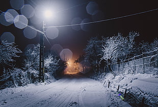 road filled with snow during night time