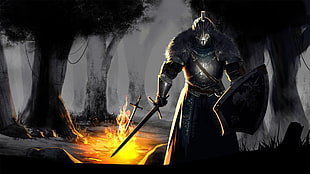 knight near bonfire digital wallpaper