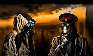 two masked people digital wallpaper, artwork, apocalyptic, men, gas masks