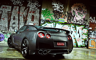 black coupe, car, graffiti, Nissan, Nissan GT-R