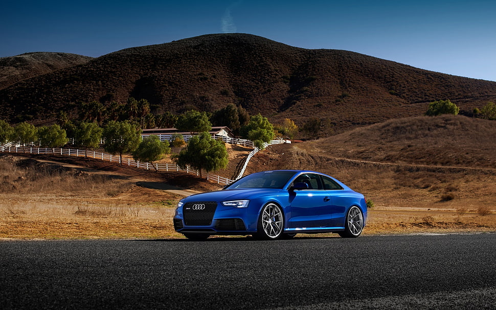 blue Audi sedan on asphalt road HD wallpaper