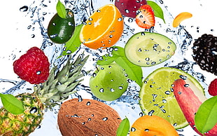 bunch of fruits with water illustration