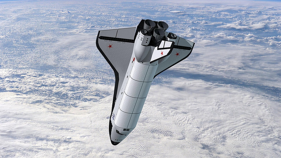 white spaceship, sky, Earth, orbits, Buran HD wallpaper