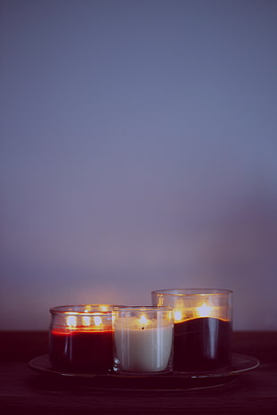 three votive candles, Candles, Table, Wax