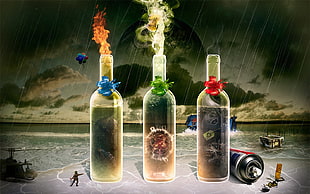 three glass bottles, war, nuclear, destruction