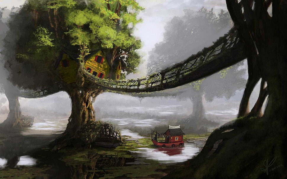 red boat under tree house and bridge illustration, fantasy art, treehouse, boat HD wallpaper