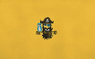 black shako hat illustration, minimalism, yellow background, pirates, parrot