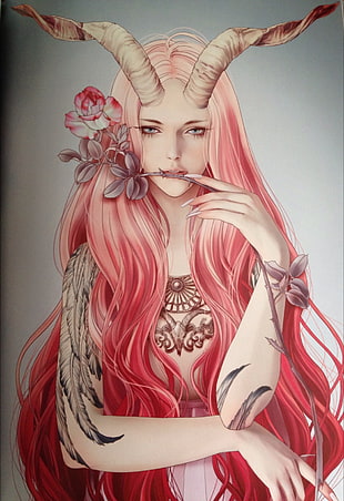 pink-haired female character wallpaper, pink hair, horns, tattoo, rose