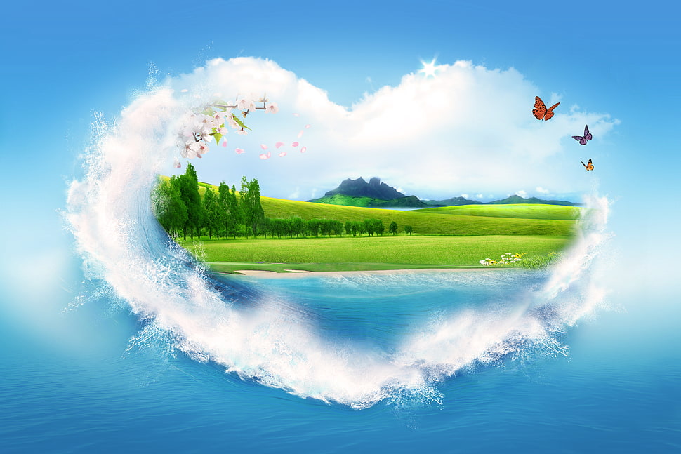 green field in heart shape waves wallpaper HD wallpaper