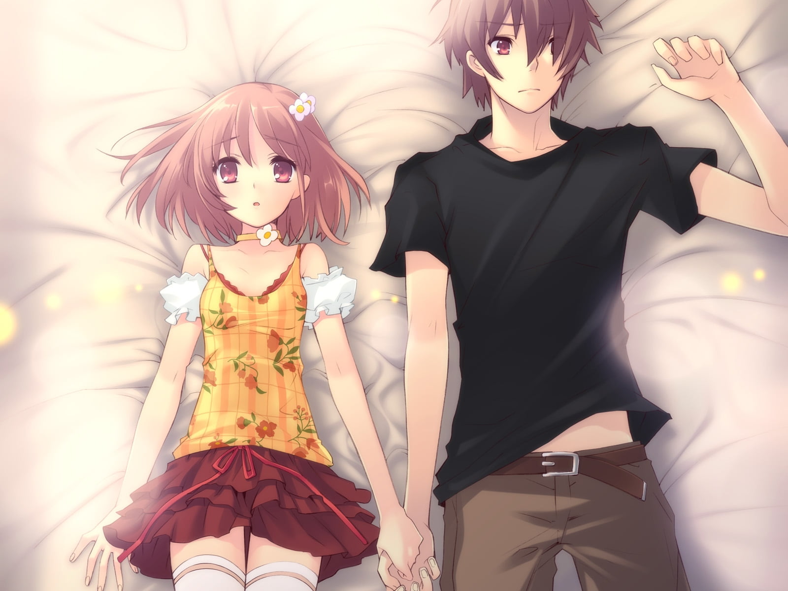 pink haired boy and girl laying on white textile anime poster