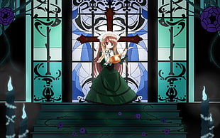 purple haired female anime character with green dressed on altar with cross background graphics