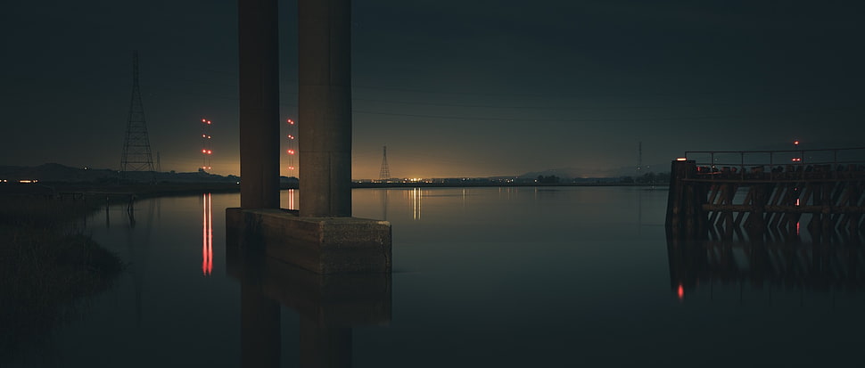 gray concrete post, architecture, bridge, lights, river HD wallpaper