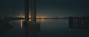 gray concrete post, architecture, bridge, lights, river