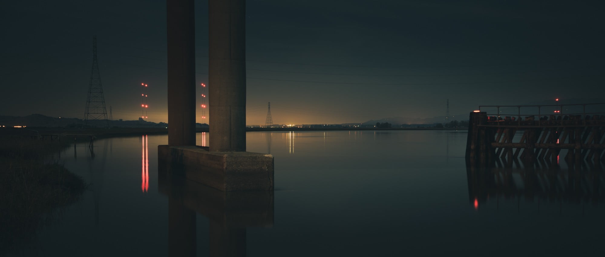 gray concrete post, architecture, bridge, lights, river