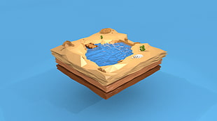 brown and blue body of water surrounded sand miniature, floating island, oasis, skeleton, water HD wallpaper