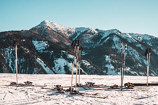 four pairs of snow ski blades beside mountain
