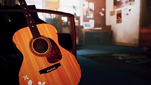 brown dreadnought acoustic guitar, video games, Life Is Strange, guitar