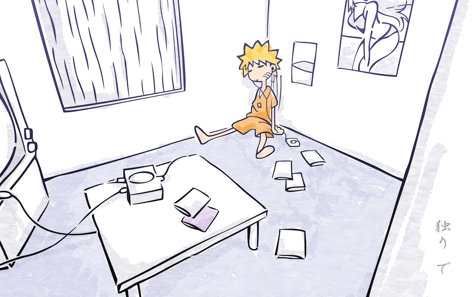 boy sitting on floor illustration, simple background, anime, room, Uzumaki Naruto HD wallpaper