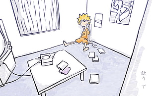 boy sitting on floor illustration, simple background, anime, room, Uzumaki Naruto