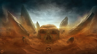 human skull surrounded by rock formations illustration, skull, desert, Desktopography