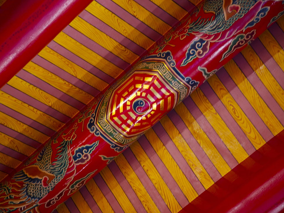 red, yellow, and blue tao decorated scroll case HD wallpaper