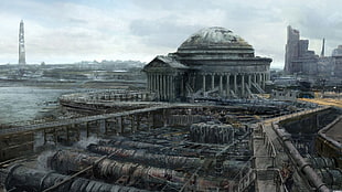 gray concrete dome building, Fallout, Fallout 3, video games, concept art