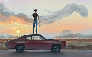 man standing on red car painting, fantasy art