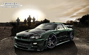 green Nissan Skyline GTR coupe, race cars, Nissan Skyline GT-R R34, shark, sea HD wallpaper