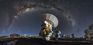 gray satellite, landscape, ALMA Observatory, Atacama Desert, Milky Way