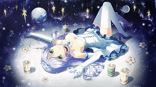 white haired female anime character, dress, stars, Earth, candles