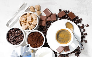 chocolates and coffee beans, chocolate, cup, spoon, coffee HD wallpaper