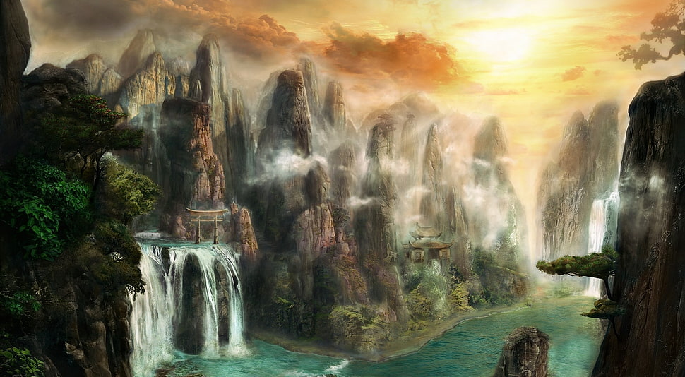 waterfall between mountain painting, digital art, fantasy art, nature, mountains HD wallpaper