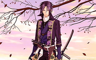 male anime character standing holding sword against tree branch