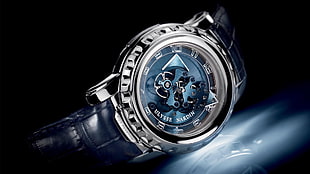 round blue analog watch with blue leather strap, watch, luxury watches, Ulysse Nardin