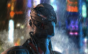 gray robot movie still \, science fiction, cyberpunk, cyborg, rain