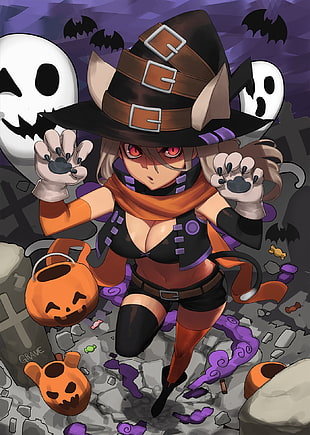witch themed anime character wallpaper, Halloween, witch hat, hat, pumpkin