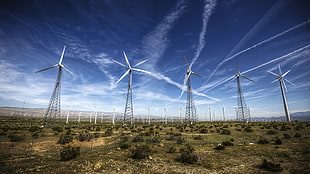 five gray wind mills, wind turbine, clouds