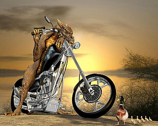 dragon and cruiser motorcycle graphic, laughing, artwork, duck, motorcycle