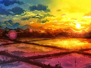 paddy field illustration, fantasy art, drawing, rice paddy, sunrise