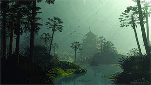 pogoda tower beside body of water painting, fantasy art