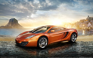 orange sports car near body of water during daytime HD wallpaper