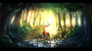 brown male deer on body of water in the middle of the forest painting