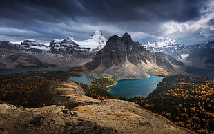 gray and black mountain, nature, Canada, mountains, lake