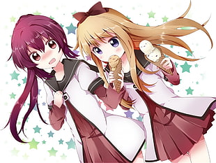 two red and blonde haired anime girl wearing school dress
