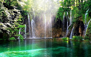 river water fall surrounded by tree poster